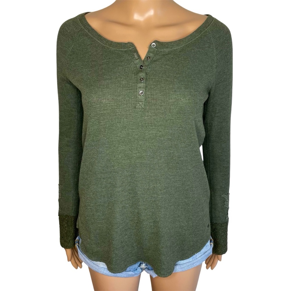 American Eagle Soft & Sexy Waffle V-Neck Long Sleeve Button Down Shirt w/ Lace - Picture 1 of 8